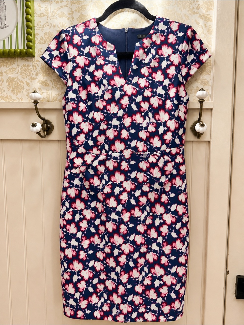 Banana Republic Navy Floral Midi Dress with Pink and White Flowers